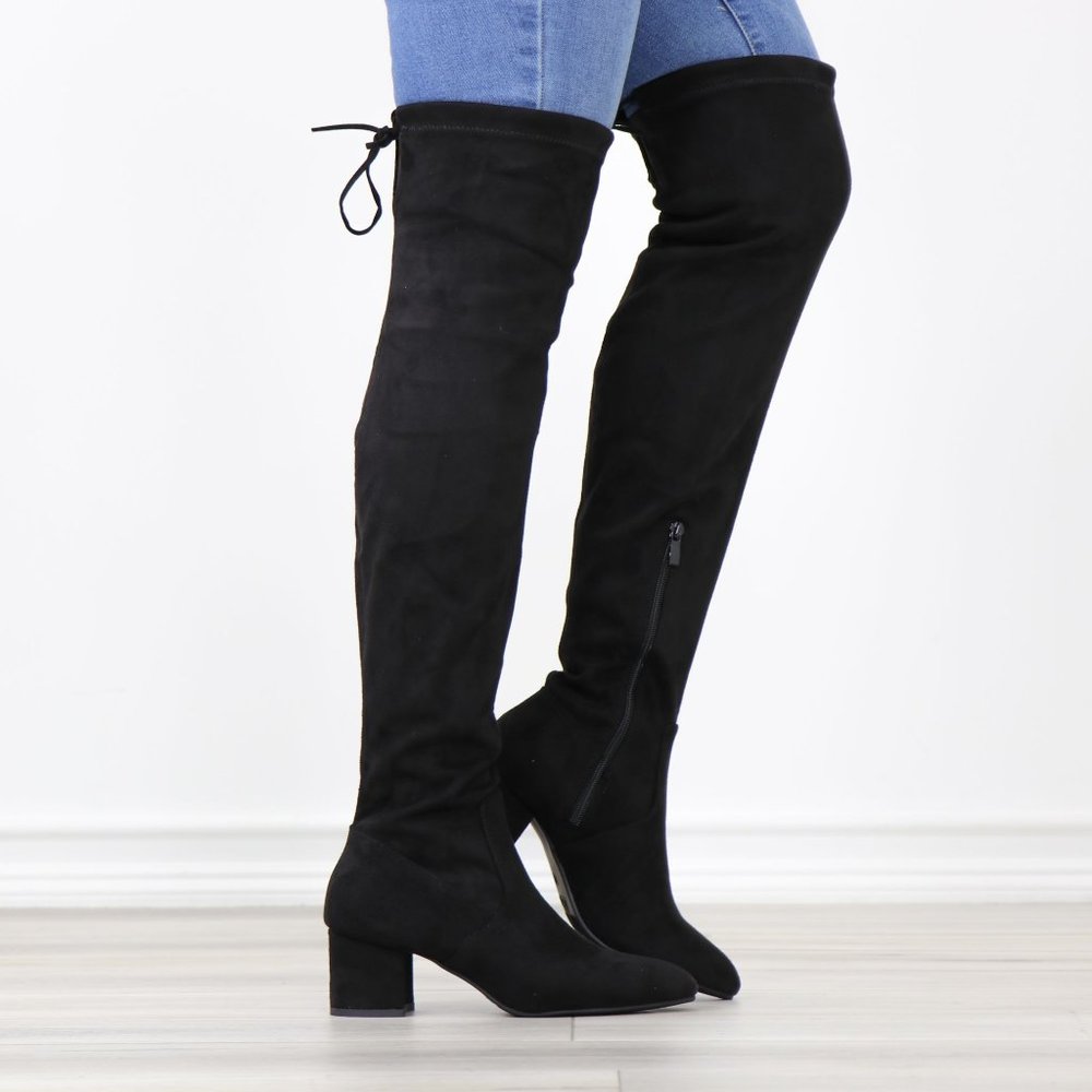 Black Faux Suede Pointy Toe Thigh High Over The Knee Low Block Heel Boots_4